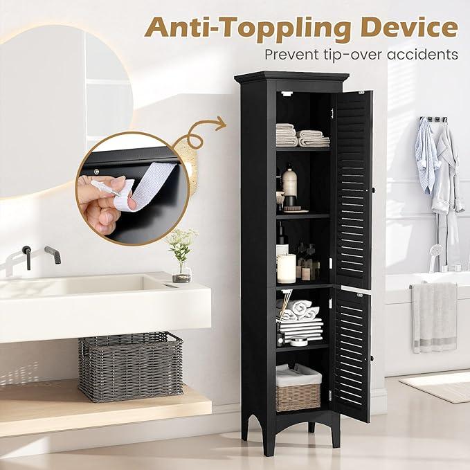 Tangkula 63" Tall Bathroom Storage Cabinet, Freestanding Narrow Linen Tower with Adjustable Shelf, Modern Slim Floor Cabinet with 2 Doors for Bathroom, Living Room, Kitchen (Black) - ModernBath