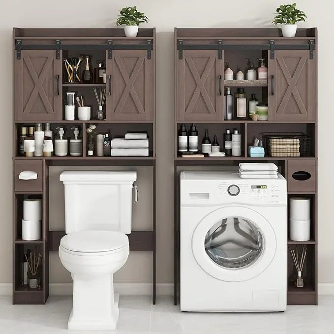 Vabches Over The Toilet Storage Cabinet, Farmhouse Storage Cabinet Over Toilet with Sliding Doors & Toilet Paper Holder Stand，Home Space-Saving Toilet Rack, for Bathroom, Laundry and Restroom - ModernBath
