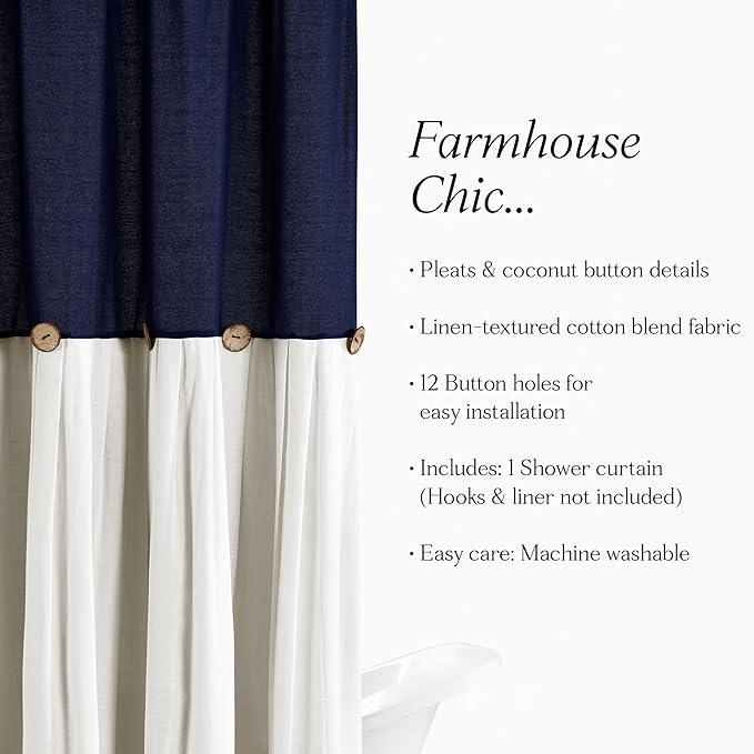 Lush Decor Linen Button Shower Curtain, 72" W x 72" L, Navy & Off White - Navy Blue Shower Curtain Fabric - Bathroom Curtain - Farmhouse Bathroom Decor - ModernBath