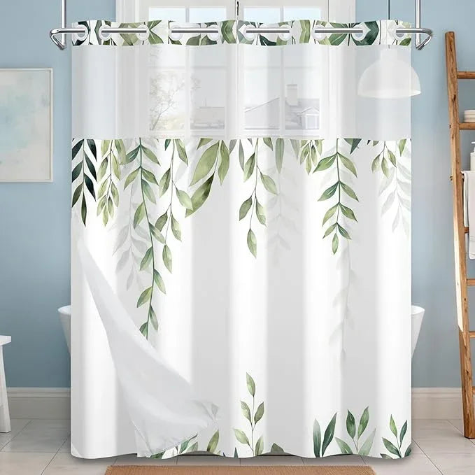 NAEMBCU No Hook Shower Curtain with Snap-in Liner, Tropical Green Watercolor Plant Bath Curtain with See Through Top, Waterproof Double Layer for Bathroom Decor, 71 x 74 Inch - ModernBath