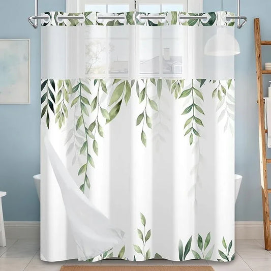 NAEMBCU No Hook Shower Curtain with Snap-in Liner, Tropical Green Watercolor Plant Bath Curtain with See Through Top, Waterproof Double Layer for Bathroom Decor, 71 x 74 Inch - ModernBath