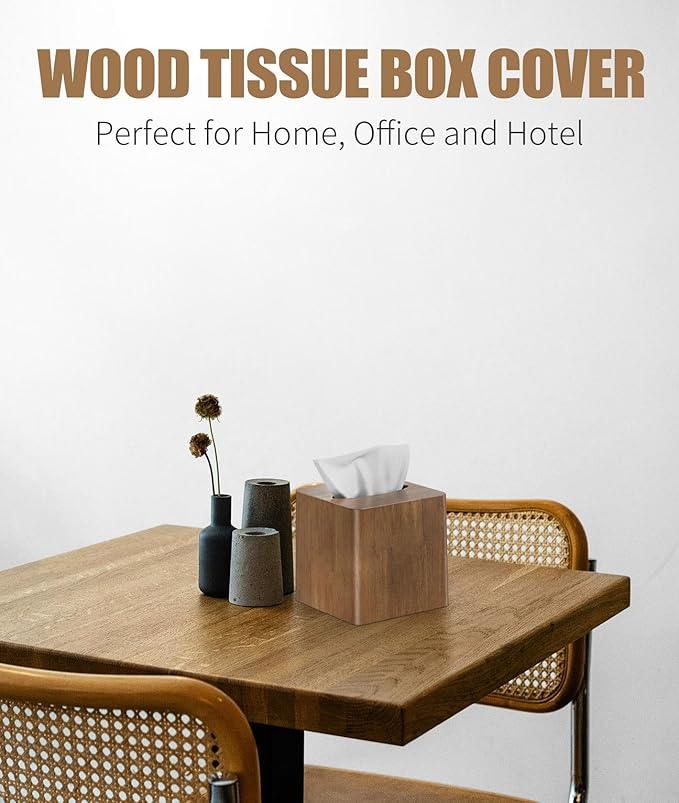 Livelab Tissue Box Cover Square - Oak Wood Tissue Box Holder for Living Room, Dinner Table, Bathroom, Office - Decorative Wooden Cube Facial Tissue Cover for Modern Farmhouse Home Decor | Brown - ModernBath