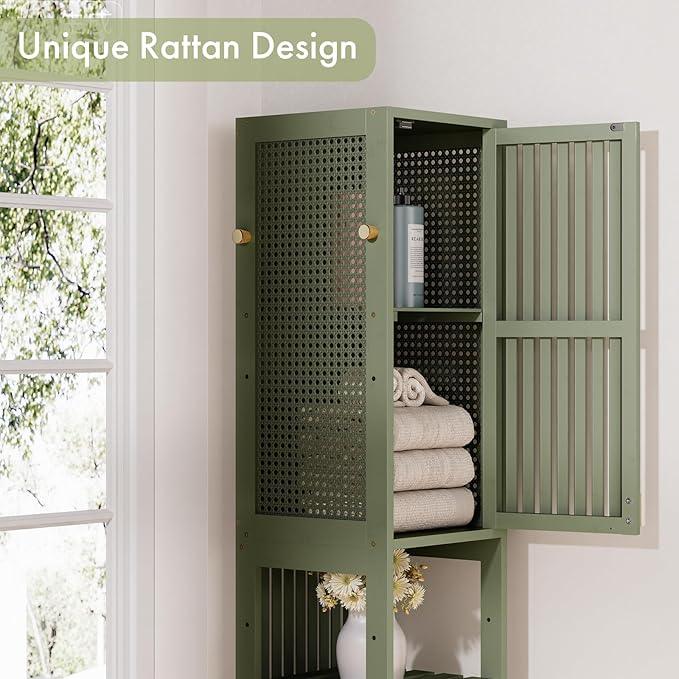 Amazer 70'' Tall Bathroom Storage Cabinet Bamboo, Slim Storage Cabinet with Rattan Door and Adjustable Shelves, Narrow Freestanding Organizer for Living Room Kitchen, Forest Green - ModernBath