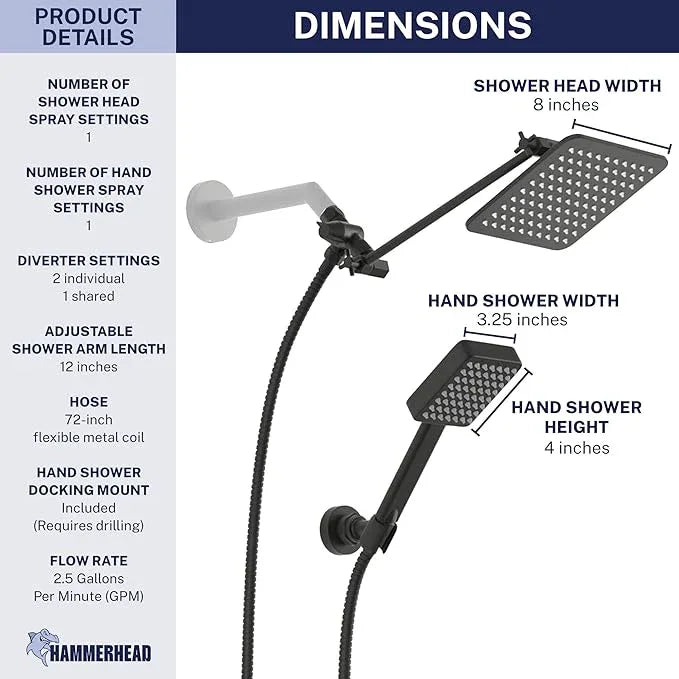 HammerHead® Solid Metal Dual Shower Head Combo — 8" Square Rain Shower Head with Handheld, 12" Adjustable Arm & Wall-Mount Holder for Flexible Installation — Matte Black - ModernBath