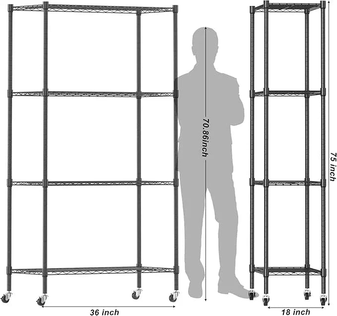 Homdox Heavy Duty 4-Tier Metal Shelving Unit with Adjustable Shelves, Rolling Storage Rack for Kitchen, Garage, Pantry, 36.02"x17.91"x74.41", Black - ModernBath