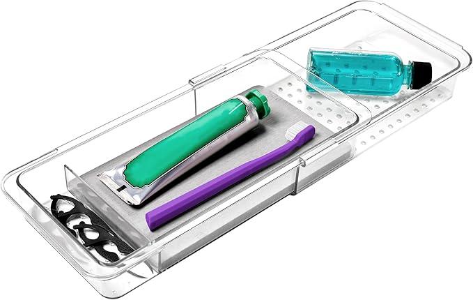 madesmart Expandable Dental Tray Drawer Organizer with Drying Stone, Clear Plastic Organizer for Toothbrush, Dental Floss, Water Flosser, Mouthwash - ModernBath