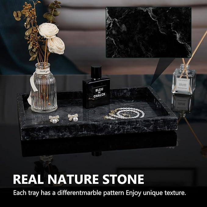 Zilukar Real Natural Marble Tray for Bathroom, Vanity, Kitchen and Desktop, Rectangle Genuine Marble Stone Tray for Jewelry, Cosmetics, Candles, Lotion, Perfume and Home Decor Black - ModernBath