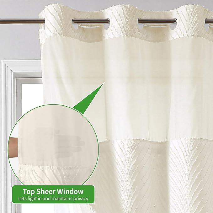 eachope stall no Hook Tufted Shower Curtain with snap in Liner Set, White Waterproof Fabric Inner Liner,Boho Style Shower Curtain with See Through top Window, Cream, 36Wx74H - ModernBath