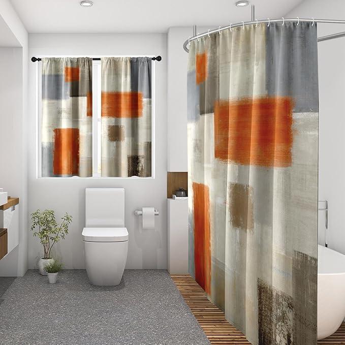 Culudea Beige Orange Painting Shower Curtain Set, Grey Contemporary Modern Bathroom Window Waterproof Shower Curtain Set for Bathroom Decor - ModernBath