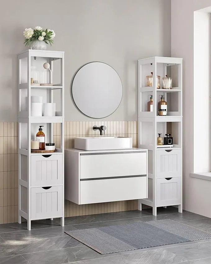 VASAGLE Storage Cabinet, Storage Organizer Rack Stand for Bathroom, Living Room, Bedroom, Multifunctional Corner Unit, 2 Drawers, 55.7 Inches in Height, White UBBC66WT - ModernBath