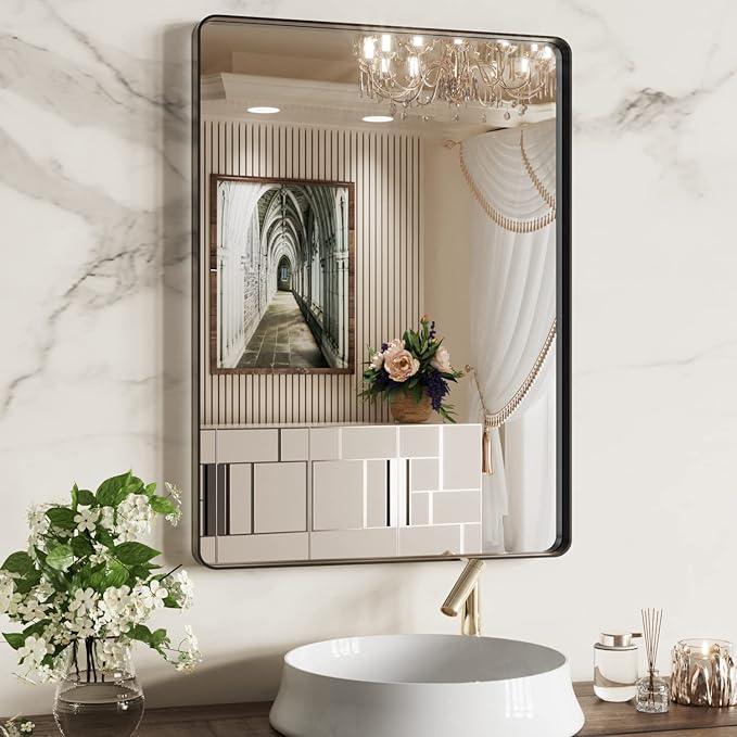 WEER Black Bathroom Mirror 22X30 Inch, Rounded Rectangle Matte Black Bathroom Vanity Mirror, Black Metal Framed Mirror for Wall, Tempered Glass, Anti-Rust, Hangs Horizontal or Vertical - ModernBath
