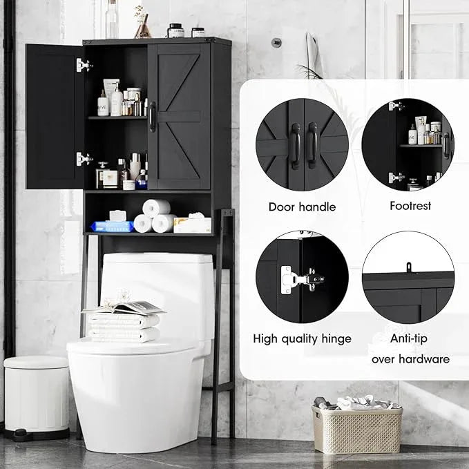 Over The Toilet Storage Cabinet with 2-Door Design Bathroom Organizers and Storage with Anti-Tip Device Over Toilet Organizer with Shelves for Bathroom,Restroom,Laundry Black - ModernBath