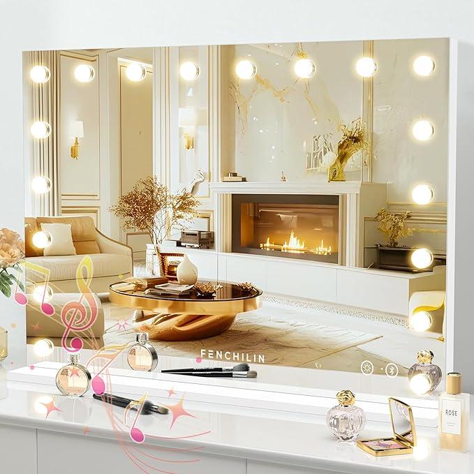 FENCHILIN Vanity Mirror with Lights 32''x23'' Tempered Glass Large Hollywood Mirror with 18 Dimmable Bulbs for Makeup Table/Hanging Bluetooth Speaker Mirror with Touch Screen & USB Charge Port - ModernBath
