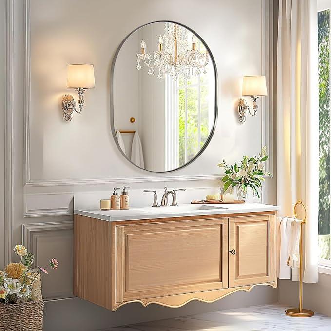 ANDY STAR 24x32’’ Oval Bathroom Mirror, Oval Nickle Mirror Pill-Shaped Design in Stainless Steel Metal Frame for Bathroom, Entryway, Living Room, Contemporary 1" Deep Wall Mount Vertical or Horizontal - ModernBath