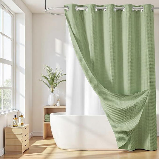 River Dream Sage Green Cotton Blend Shower Curtain with Snap in Liner, No Hook Shower Curtains for Bathroom, Hotel Grade, Water Repellent, 71" W x74 L - ModernBath