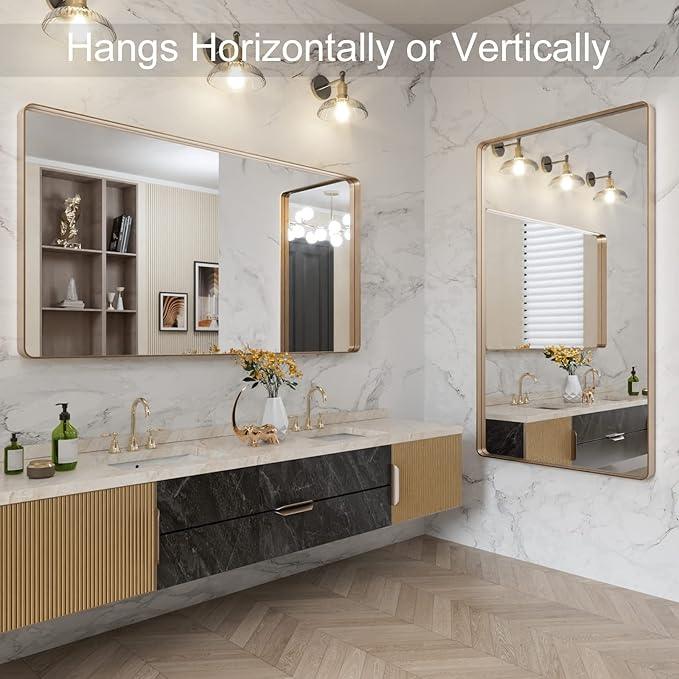 LOAAO 50”X30” Gold Bathroom Mirror, Rounded Rectangle Gold Frame Mirror, Brushed Gold Bathroom Vanity Mirror Wall-Mounted, Anti-Rust, Tempered Glass, Hangs Horizontally or Vertically - ModernBath