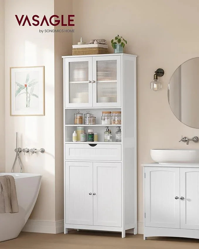 VASAGLE Storage Cabinet, Freestanding Storage Unit with Adjustable Shelves, Drawer, Open Compartments, for Bathroom, Living Room, Kitchen, Cloud White UBBC768WH01S - ModernBath