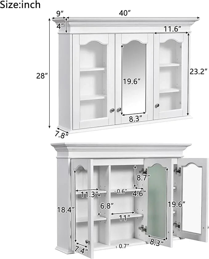 Merax Wall Mounted Bathroom Medicine Cabinet with Mirror, 40" x 28" Bathroom Wall Cabinet with Storage, Glass Doors and Adjustable Shelves, Mirrored Door Over The Toilet Storage Cabinet - ModernBath