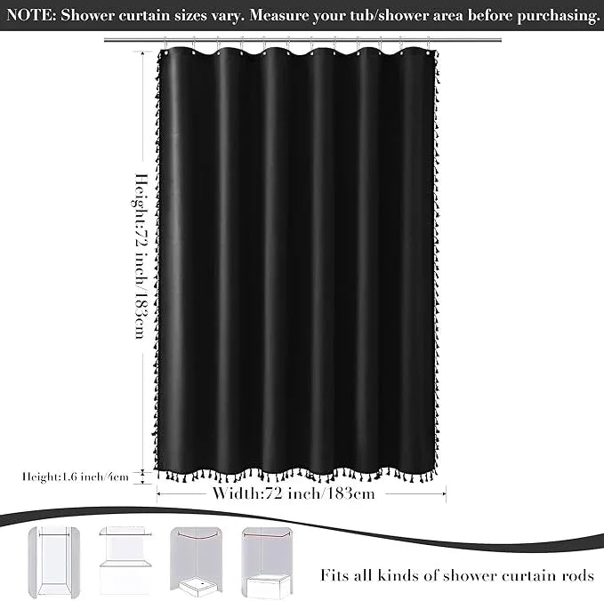 Nanspring Black Boho Linen Shower Curtain 72 Inches Long Textured Heavy Duty Weighted Tassel Farmhouse Fabric Bath Curtain Set with Hooks Vintage Aesthetic Elegant Shower Curtain for Bathroom 72x72 - ModernBath