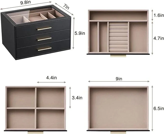 pickpiff Jewelry Box Organizer Case for Women: 3-Layer Jewelry Storage Case with Glass Window, Black Leather with Blush Velvet, Holder for Ring Necklace Bracelet Brooch Watch, Great Gift for Her - ModernBath