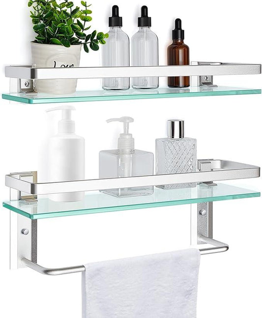 Suzile Set of 2 Glass Bathroom Shelves with Bar, Wall Mounted 15.7 x 4.7 Inches, Bathroom Shelves Hanging Modern Floating Shelf Metal Stick Room Rustproof Organizer Decorative(Silver) - ModernBath