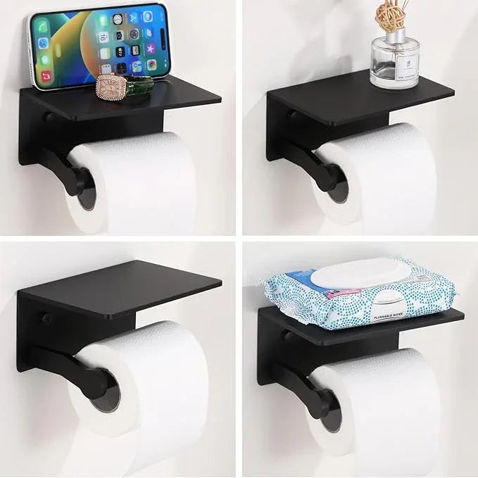 Toilet Paper Holder with Cell PhoneShelf - Toilet Tissue Holder with Wipes Storage, Wall Mounted by Adhesive Tape or Screw - Matte Black - ModernBath
