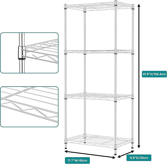 IZEUK 4 Tier Metal Wire Shelf Unit, Chrome Storage Rack Organizer for Kitchen, Bedroom, Living Room or Laundry Room, 17.7" W x 11.8" D x 41.9" H - ModernBath