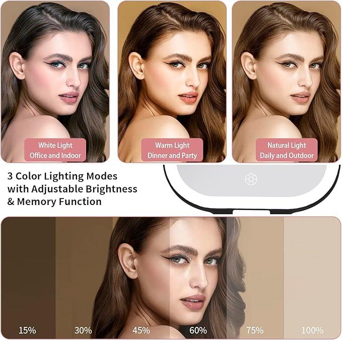 DESCHEN Rechargeable Travel Makeup Vanity Mirror with Lights and Magnification, Portable 1X/10X Magnifying Mirror with 3 Color Light, Lighted Makeup Mirror with Magnification (Black) - ModernBath