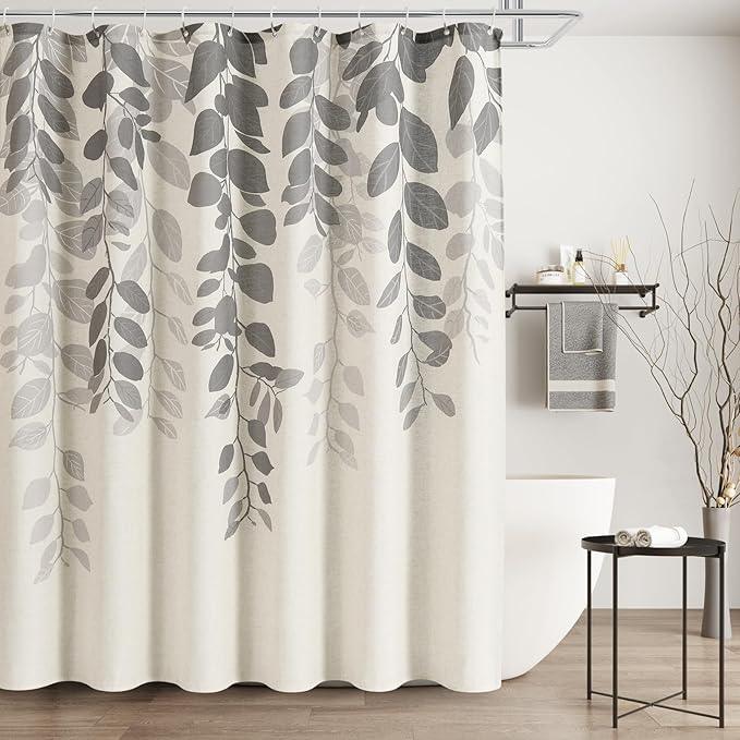 BOODII Linen Shower Curtain for Bathroom Gray/Grey Eucalyptus Leaves Shower Curtain Set with Hooks Watercolor Floral Plant Leaf for Bath Natural Waterproof Fabric Bathroom Decor, 72x72 - ModernBath