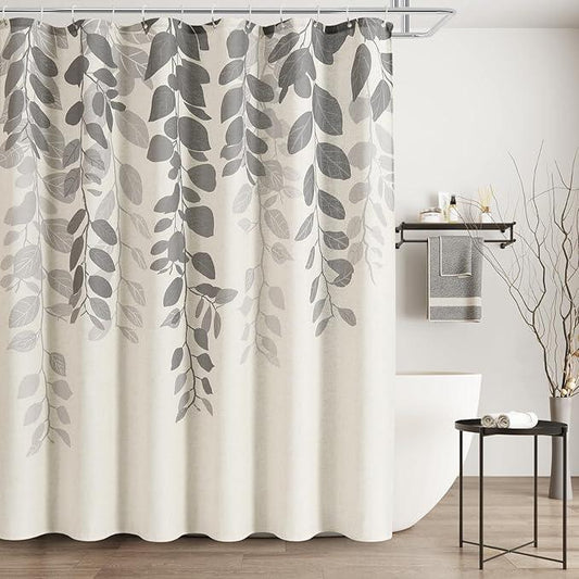 BOODII Linen Shower Curtain for Bathroom Gray/Grey Eucalyptus Leaves Shower Curtain Set with Hooks Watercolor Floral Plant Leaf for Bath Natural Waterproof Fabric Bathroom Decor, 72x72 - ModernBath