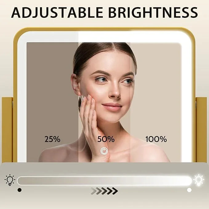 ROLOVE Gold Lighted Makeup Mirror, 14"x12" Vanity Mirror with Smart Touch Control, 3-Color Dimmable Lighting, 360° Rotation for Desk or Bedroom - ModernBath