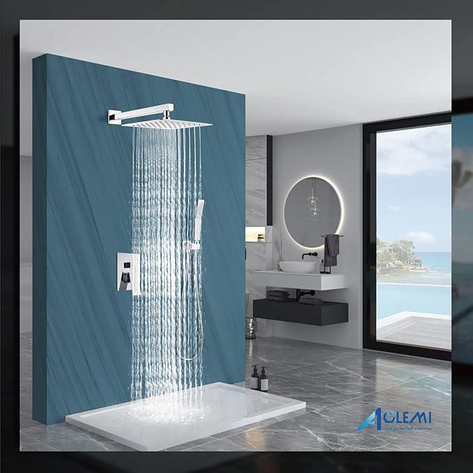 Aolemi Shower Faucet Set Rain Shower System with Handheld Spray Bathroom Shower Combo Rough-in Valve and Shower Trim Kit Included Polish Chrome 12 Inch Wall Mount Shower Head - ModernBath