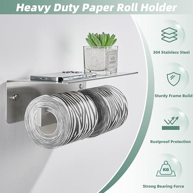 APLusee Double Toilet Paper Holder with Shelf, 304 Stainless Steel Brushed Nickel Bathroom Tissue Holder, Commercial Paper Roll Dispenser Wall Mounted - ModernBath
