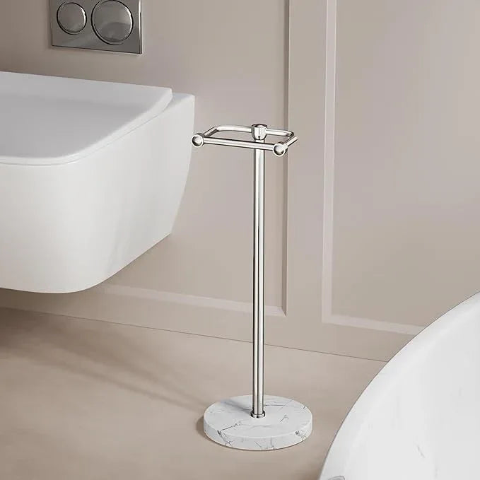 Toilet Paper Holder Stand, Bathroom Free Standing Toilet Paper Stand with Modern Marble Base, Post Pivoting Toilet Paper Stand with Stainless Steel Tissue Rack, Rust-Proof & Heavy Base(Chrome) - ModernBath