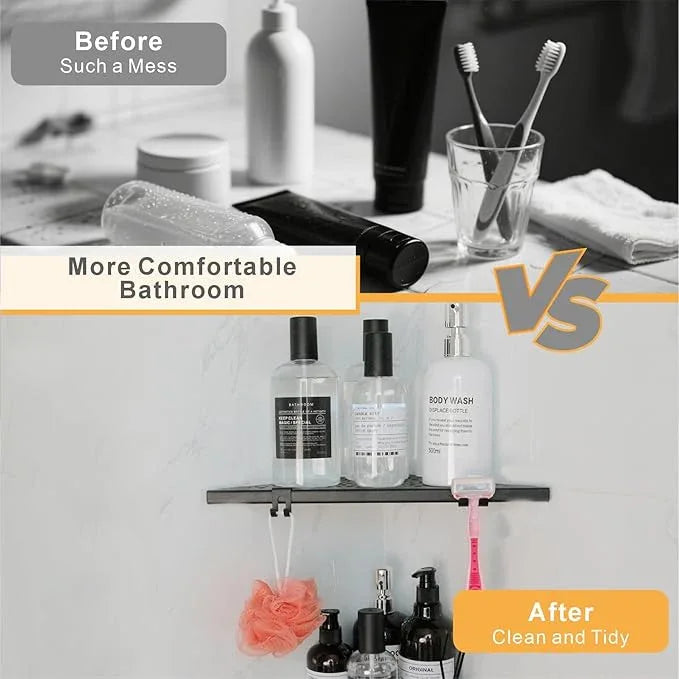 Corner Shower Shelf with 4 Hooks,10 Inch 304 Stainless Steel Recessed Bathroom Shelves,No-Drilling Installation for Tiled Wall,Matte Black, 2-Pack - ModernBath