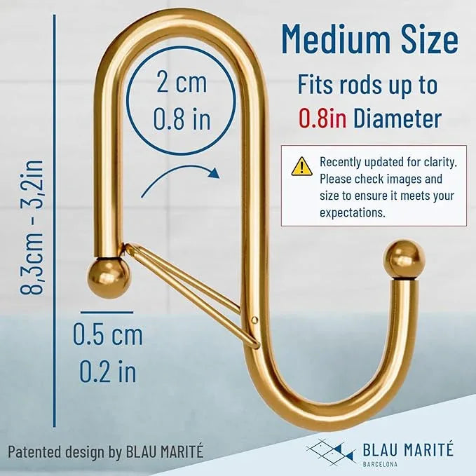 Blau Marité 10-Pack Metal S Hooks for Hanging – Heavy-Duty S-Shaped Hook with Safety Buckle – Fits Bars up to 0.8 In – Anti-Drop S-Hooks for Kitchen, Bathroom, Closet & Pot Racks – Gold (Medium) - ModernBath