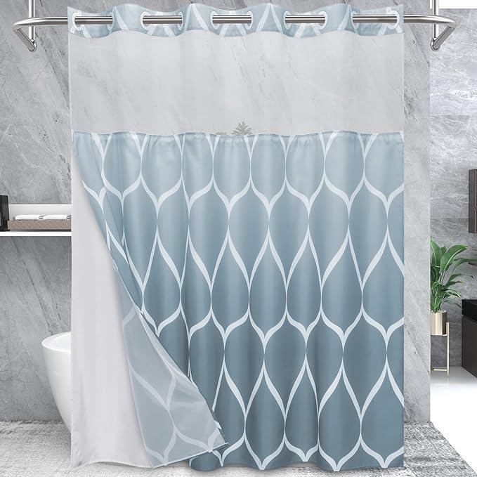 Yiatn No Hook Ombre Aegean Blue Shower Curtain with Snap in Fabric Liner Set - Hotel Style with See Through Mesh Top Window, 71x74 INCH - ModernBath