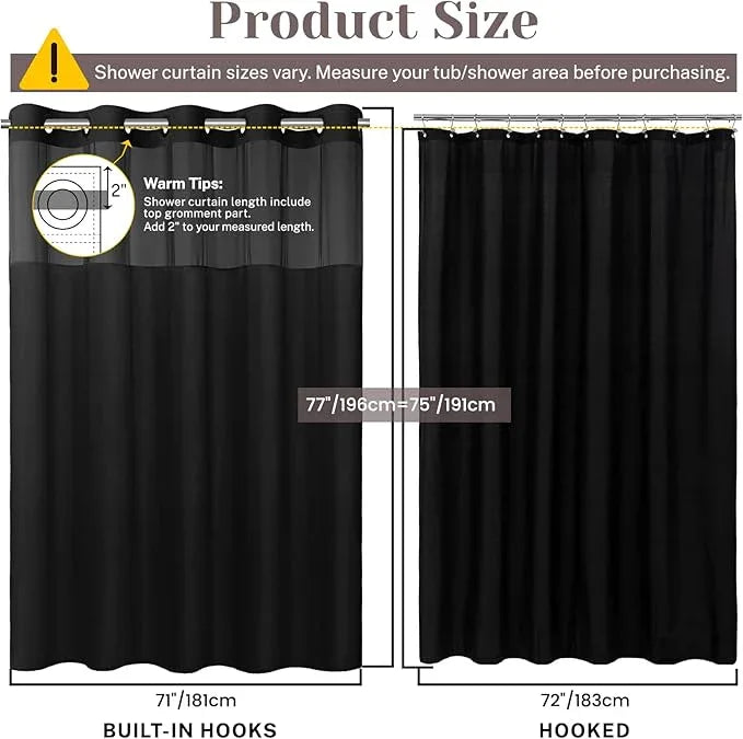 SORTTO No Hook Slub Textured Shower Curtain with Snap in Liner - Black Fabric Outer Curtain & Waterproof Inner Liner, Hotel Style with See Through Top Window, 71x77 in - ModernBath