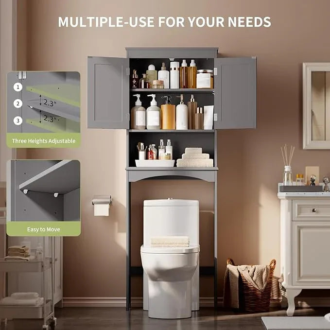Gizoon Over The Toilet Storage Cabinet with Adjustable Shelf and Double Doors, Bathroom Space Saver Organizer Above Toilet with Open Shelf, Taller Wooden Free Standing Toilet Rack -Grey - ModernBath