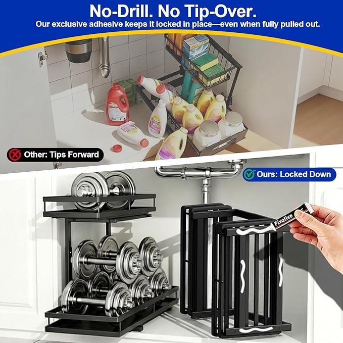 Under Sink Organizer, Dual-Rail Ball-Bearing, Under Kitchen Sink Organizer, 6-Level Adjustable, Under Cabinet Organizer, No-Drill Adhesive/Suction, Under Sink Storage (Matte Black, 2-Pack) - ModernBath
