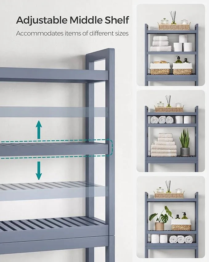 SONGMICS Over The Toilet Storage, 3-Tier Over Toilet Bathroom Organizer with Adjustable Shelf, 10.2 x 24.8 x 66.9 Inches, Space-Saving, Gray UBTS001G01 - ModernBath