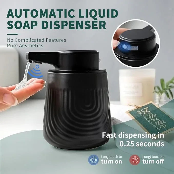 BosilunLife Ceramic Automatic Soap Dispenser with Extended Pump Nozzle, 3 Adjustable Levels, Touchless Lotion Hand Wash Liquid Soap Dispenser for Bathroom & Kitchen, Embossed Wave Design, Black, 10oz - ModernBath