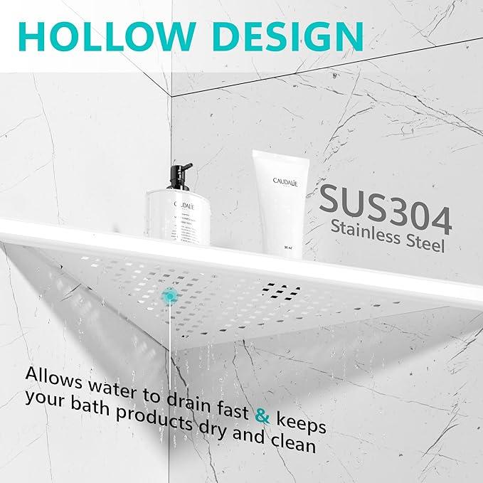 Bathroom Corner Shelf, Recessed 12" Shower Shelf Caddy, SUS304 Stainless Steel Shelf Wall Mount Triangular, No Drilling, Matte White - ModernBath