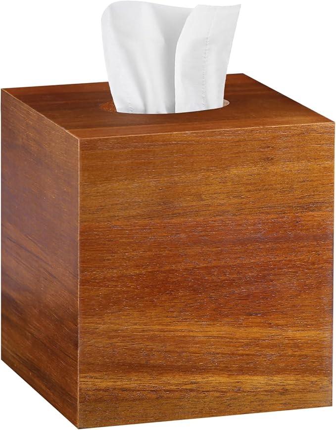 BIBELUN Square Tissue Box Cover,Acacia Wood Tissue Box Holder for Desktop Nightstand Bathroom Office,Decorative Facial Tissue Cube Box Cover/Organizer for Modern Home Decor - ModernBath