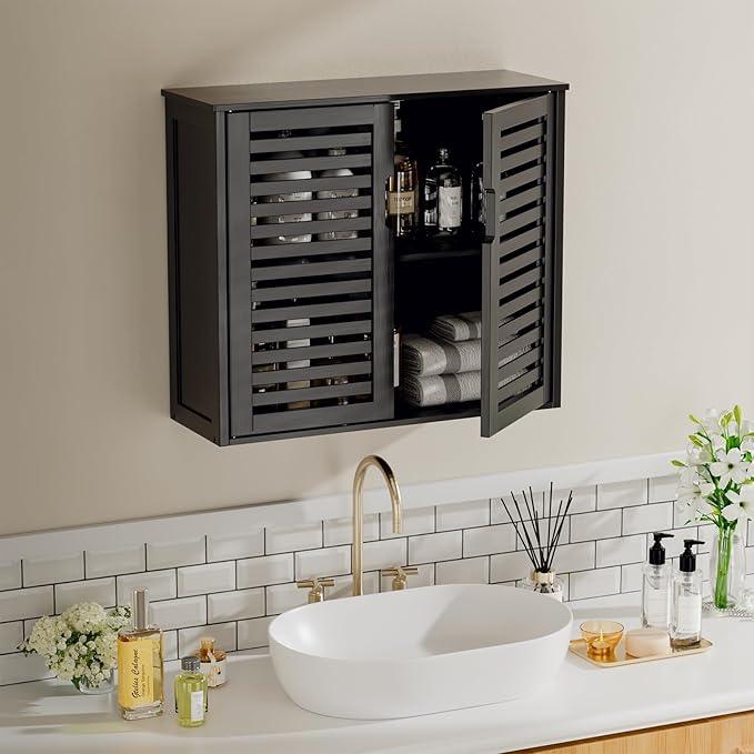 HITNET Black Bathroom Storage Cabinet, Hanging Medicine Cabinet with Adjustable Shelf, Bamboo Over The Toilet Wall Mounted Space Saver Organizer, Double Doors - ModernBath