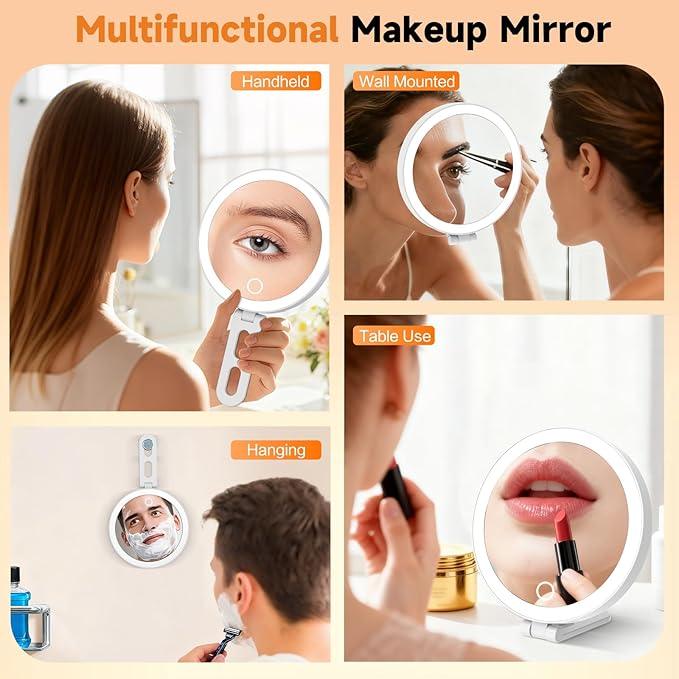 Travel Makeup Mirror with Lights, Lighted Magnifying Mirror 10X, 4-in-1 Portable for Handheld, Tabletop, Hanging and Wall Mount with Suction Cup and 3 Color Light, Ideal Gift for Women and Seniors - ModernBath