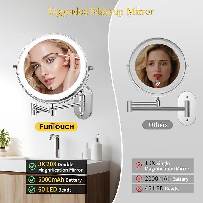 FUNTOUCH Rechargeable Wall Mounted Makeup Mirror with Lights,5000mAh Double Sided 3X/20X Magnifying,3 Color Lights,Touch Dimmable, Extended Arm 360 Rotation Lighted Bathroom Mirror with Magnification - ModernBath