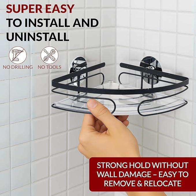2-Pack Corner Shower Caddy - Rustproof Premium Metal Shelves with Adhesive Pads, No Drilling Required, Hanging Bathroom Organizers and Storage - Black - ModernBath
