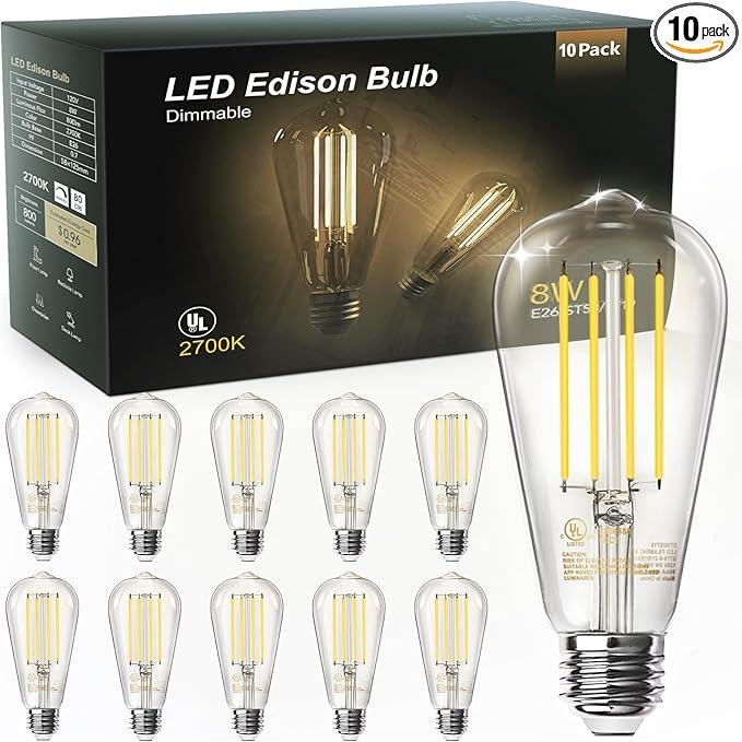 TJOY 10 Pack Vintage 8W ST58 LED Edison Light Bulbs, Dimmable, 60W Equivalent, 800Lumens, 2700K Warm White, E26 Base LED Filament Bulb, CRI80+, Antique Glass Style for Home, Bedroom, Office, Farmhouse - ModernBath