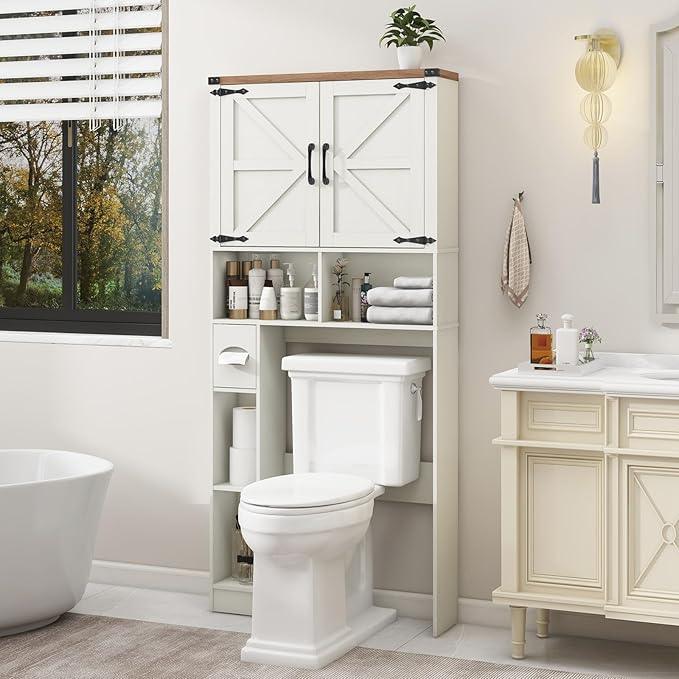 Vabches Over The Toilet Storage Cabinet, Farmhouse Storage Cabinet Over Toilet with 2 Barn Doors && Toilet Paper Holder Stand，Home Space-Saving Toilet Rack, for Laundry, Restroom, Bathroom - ModernBath